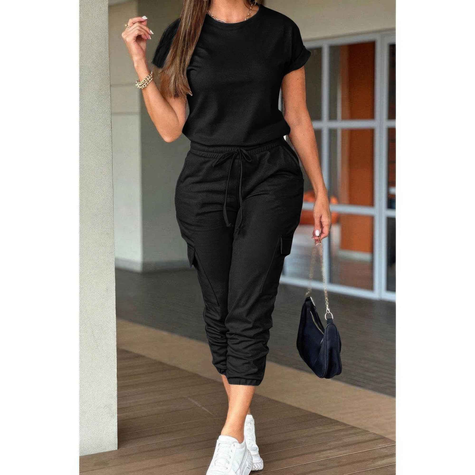 One Piece Solid Round Neck Shirt Drawstring Jumpsuit