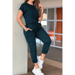 One Piece Solid Round Neck Shirt Drawstring Jumpsuit