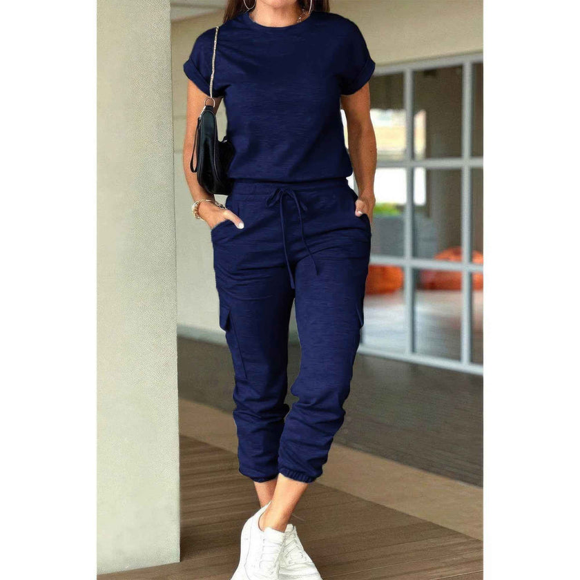 One Piece Solid Round Neck Shirt Drawstring Jumpsuit