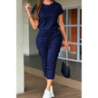 One Piece Solid Round Neck Shirt Drawstring Jumpsuit