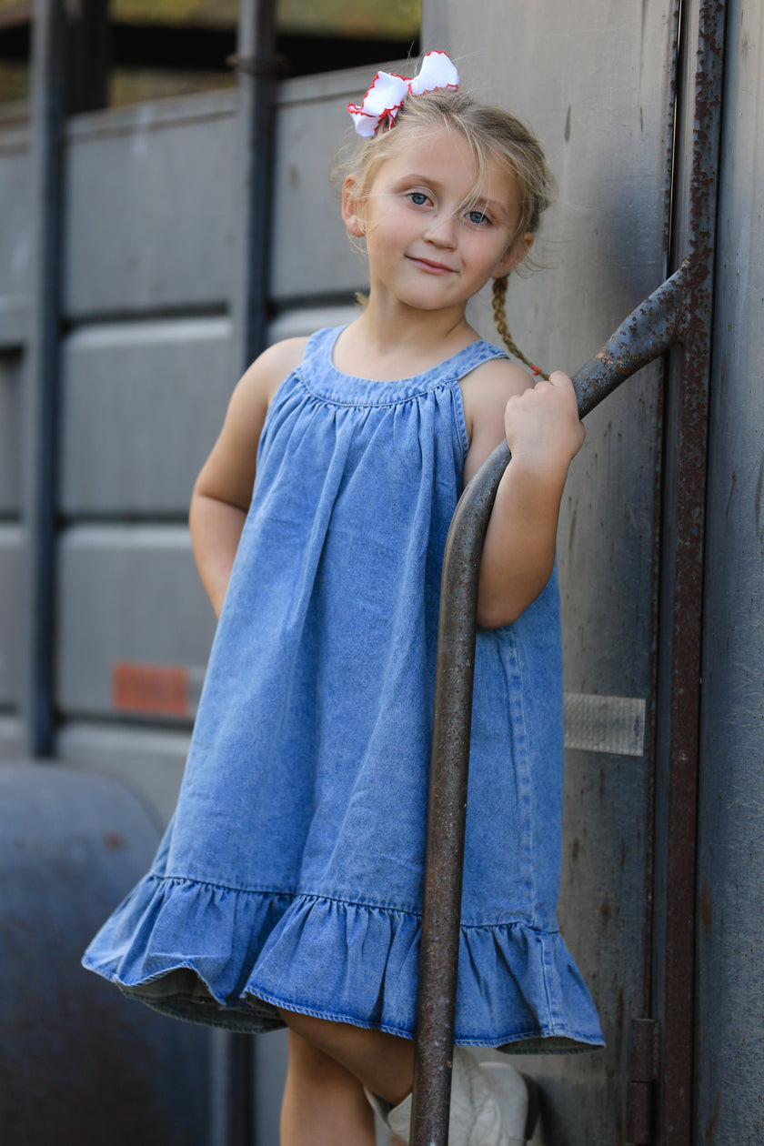Girls Denim Ruffle Trim A-Line Dress