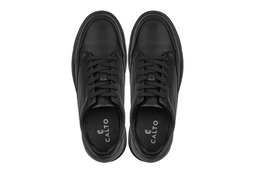 CALTO - Y7111 - 2.6 Inches Taller (Black) - Elevated Pebble Grain Leather Sneakers