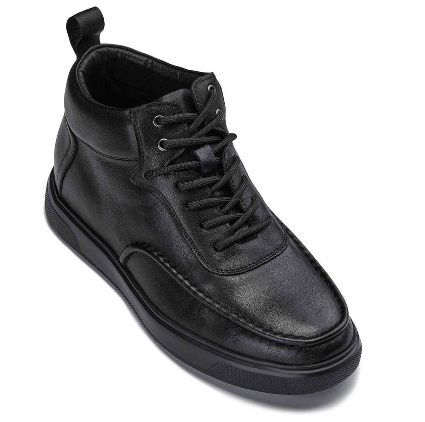 CALTO - Y7112 - 2.8 Inches Taller (Black) - Nappa Leather Moc-Toe Sneak-Boots