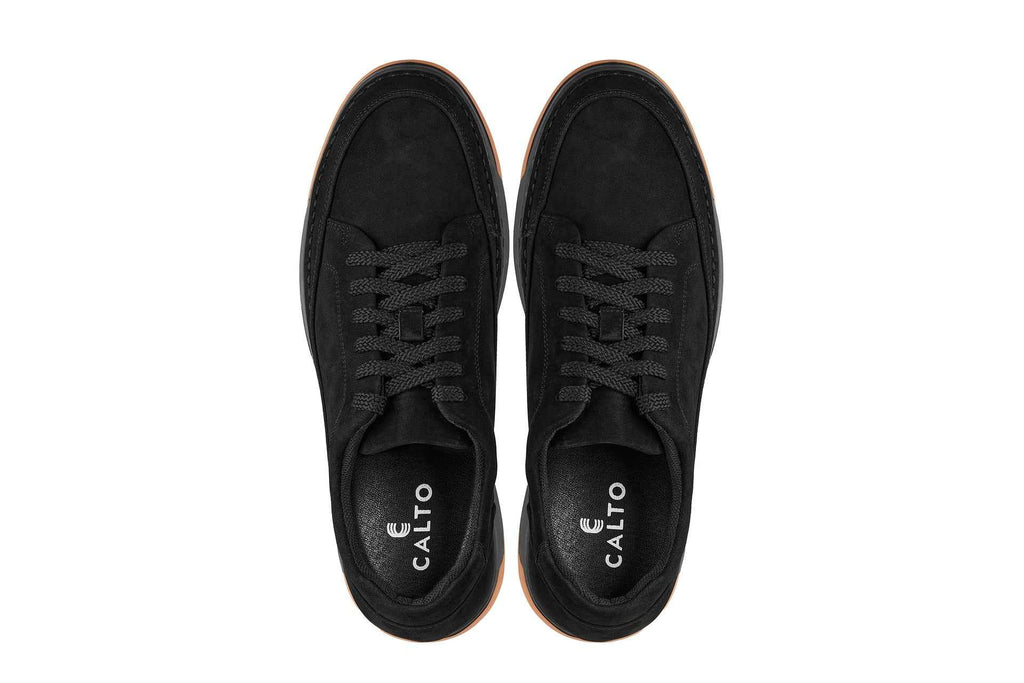 CALTO - Y7933 - 2.6 Inches Taller (Noir Suede/Black & Gum Sole) - Elevated Suede Sneakers