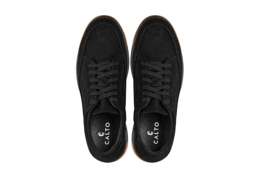 CALTO - Y7933 - 2.6 Inches Taller (Noir Suede/Black & Gum Sole) - Elevated Suede Sneakers