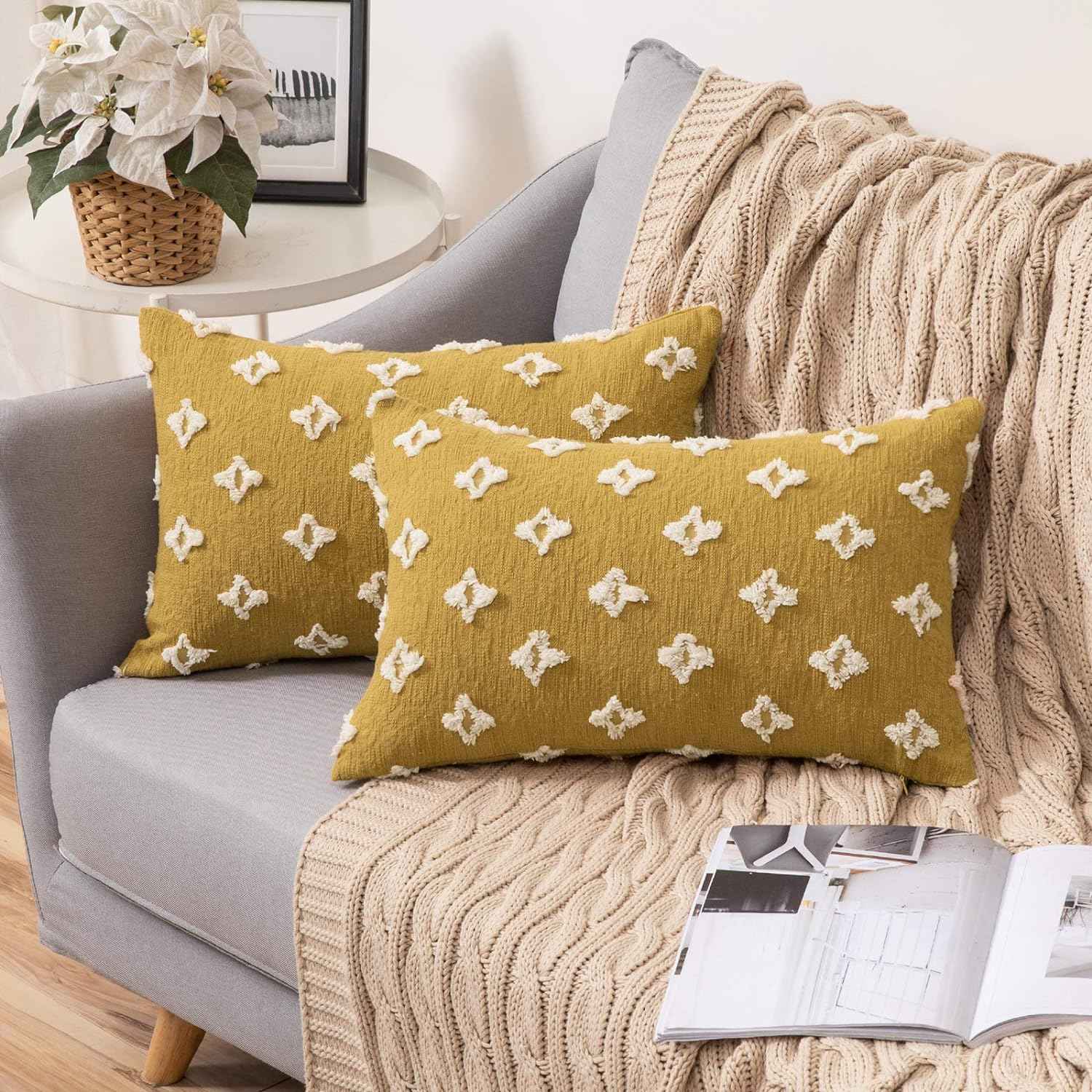 12''x20'' tufted floral lumbar support 100% cotton throw pillow | 7 colors textured daisy stitch design | boho chic lumbar & accent pillow | insert included