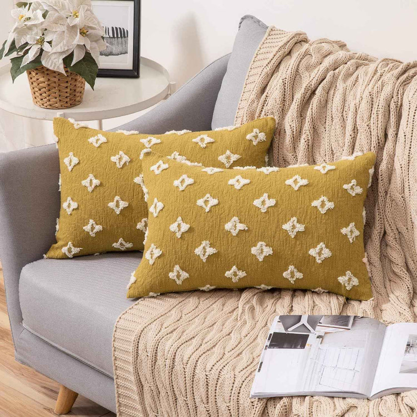 12''x20'' tufted floral lumbar support 100% cotton throw pillow | 7 colors textured daisy stitch design | boho chic lumbar & accent pillow | insert included