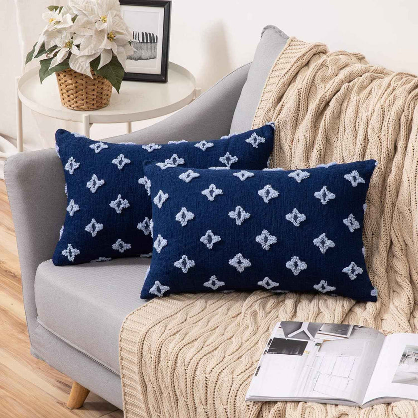 12''x20'' tufted floral lumbar support 100% cotton throw pillow | 7 colors textured daisy stitch design | boho chic lumbar & accent pillow | insert included