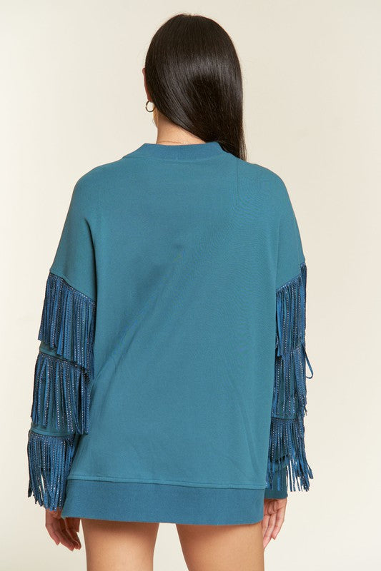 Plus Sized Rhinestone Fringe Sweatshirt - Pikemla