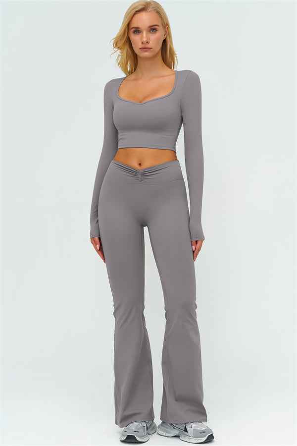 The Lushness Long Sleeve Crop Top Flared Leggings 2-Piece Set