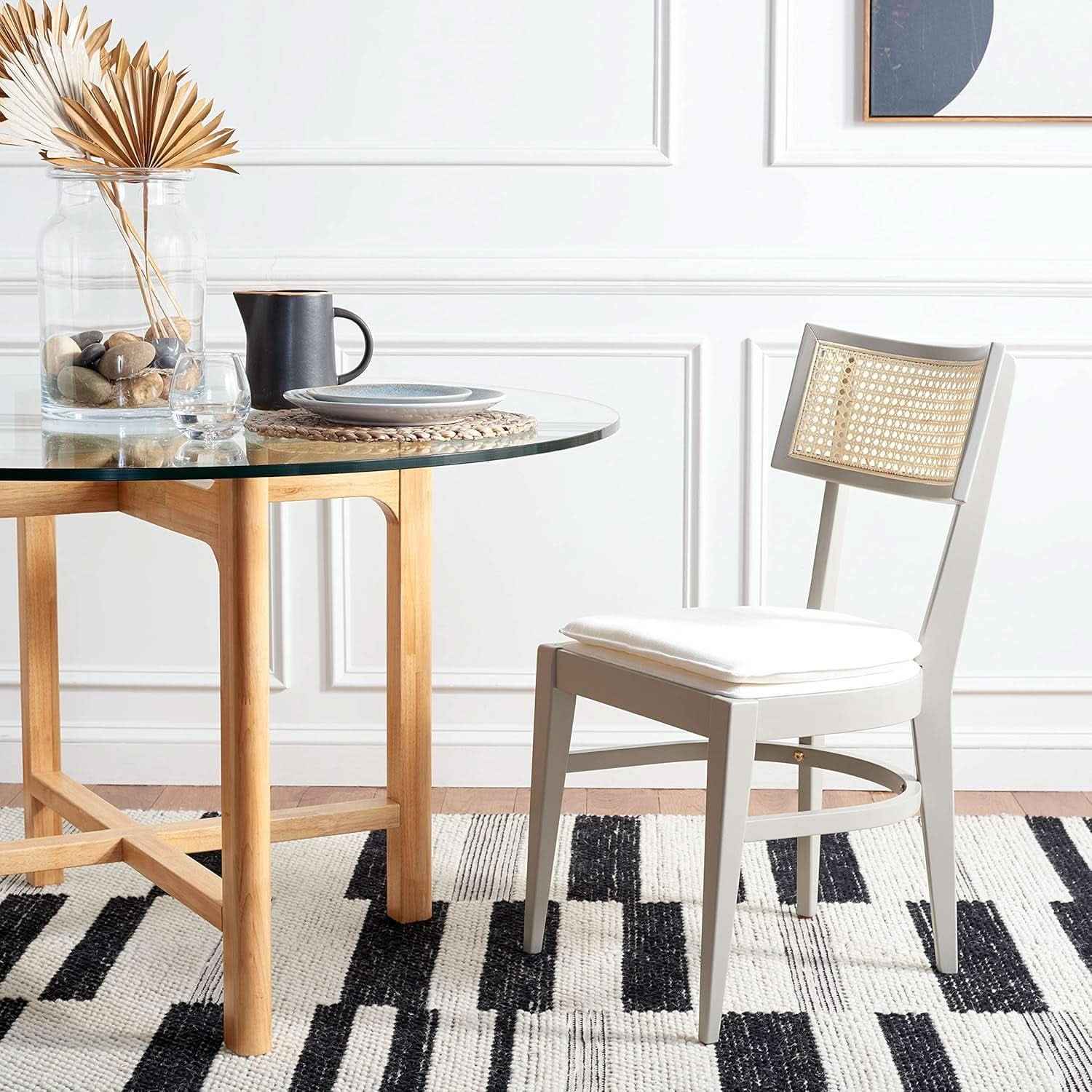 Coastal Grey Cane Seat Cushion Dining Chair For Kitchen