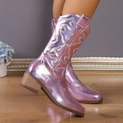 Chunky Heel Pointed Toe Western Boots Fashion Mid-tube Solid Knight  Shoes