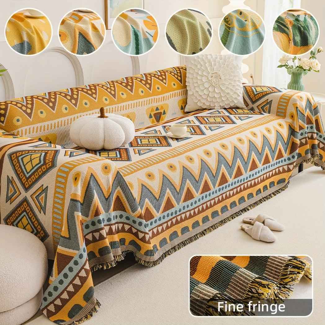 Boho Chic Double-sided Chenille Sofa Cover with Tassels - All-Season