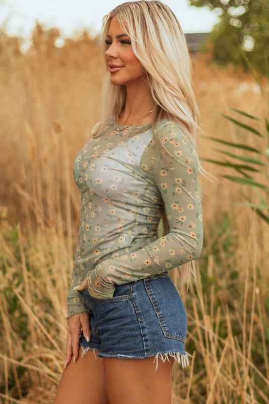 Floral Mesh Long Sleeve Top