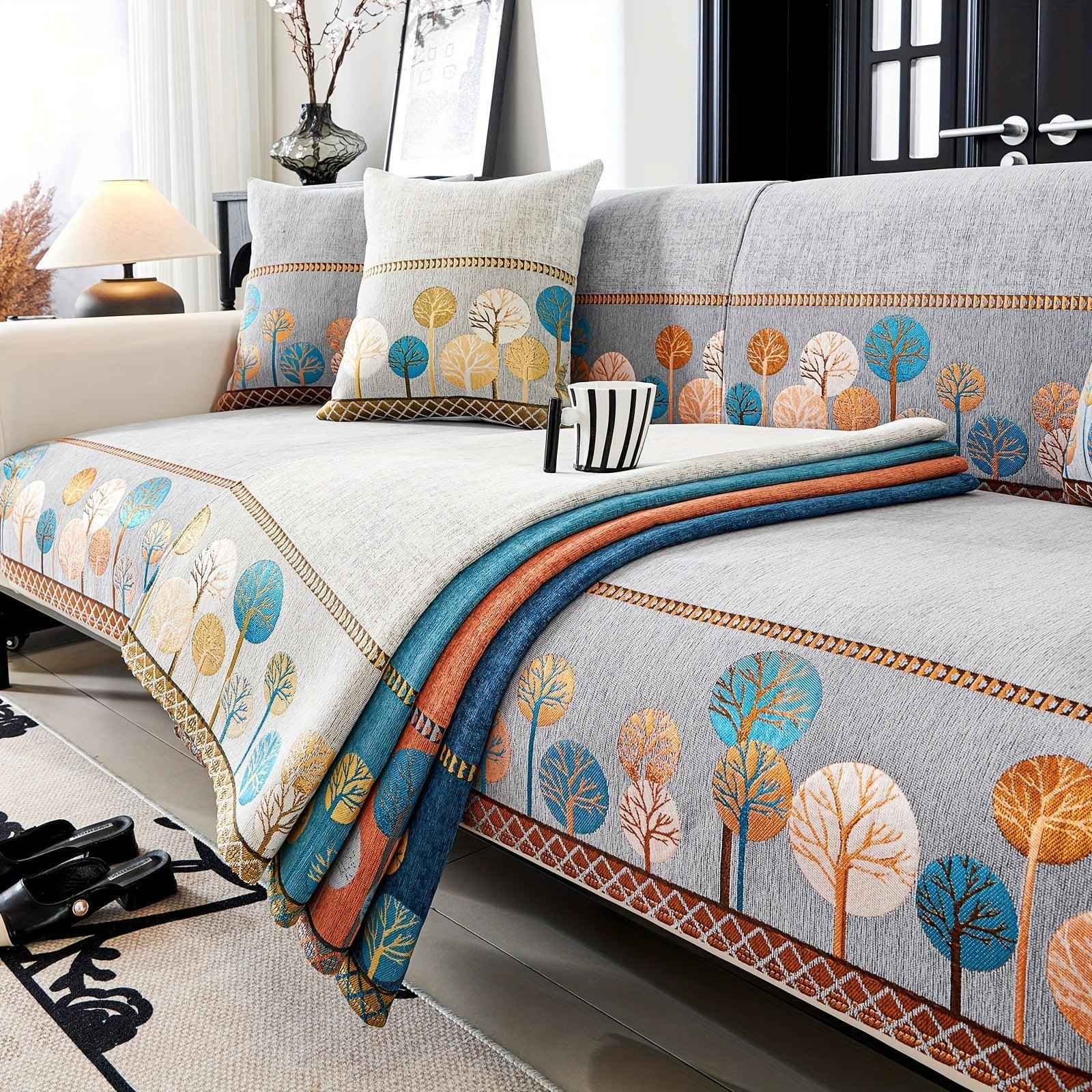 Pet Proof Couch Cover - Boho Chenille Sofa Cover with Tree Embroidery