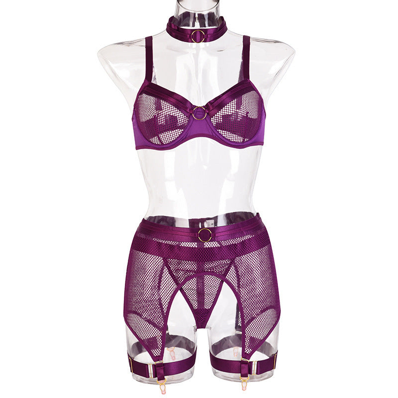 Provocative Elegance Four-Piece Mesh and Metal Stitching Lingerie Set
