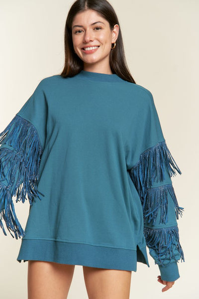 Plus Sized Rhinestone Fringe Sweatshirt - Pikemla