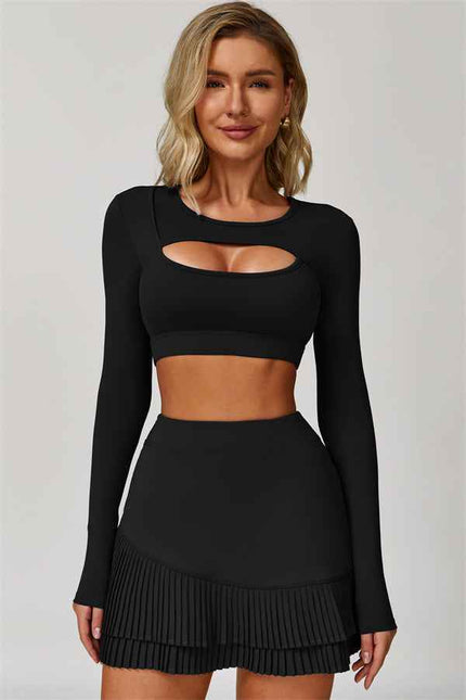 The Lavish Long Sleeve Cut-out Crop Top Tennis Skirt 2-Piece Set