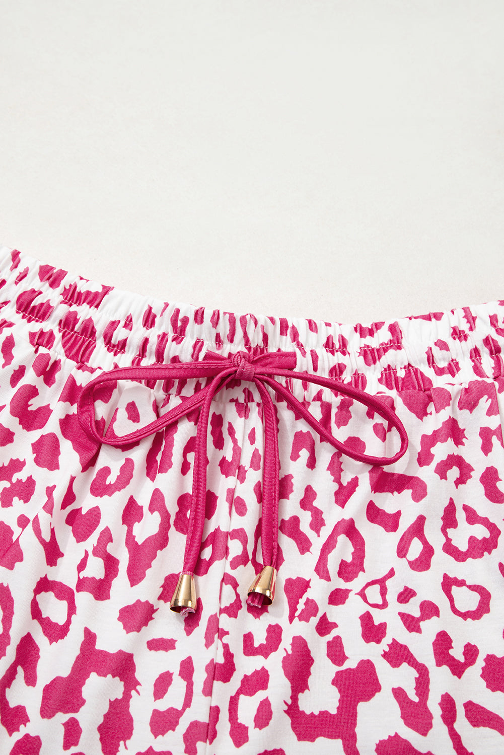 White Leopard Elastic Waist Lace up Contrast Trim Casual Shorts - Pikemla