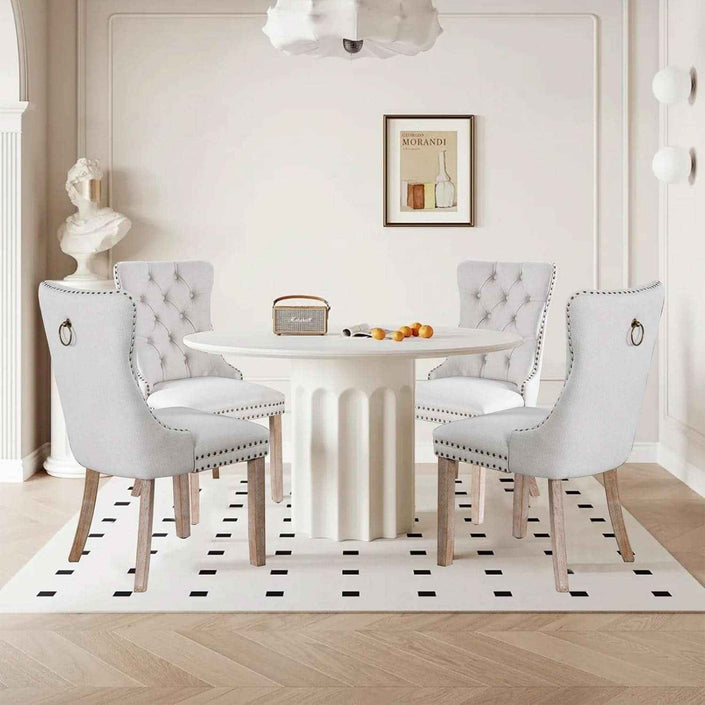 Beige Linen Dining Chairs Set Of 4 With Nailhead Trim