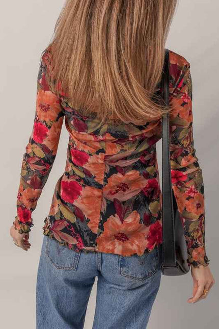Floral Mesh Lettuce Trim Long Sleeve Top