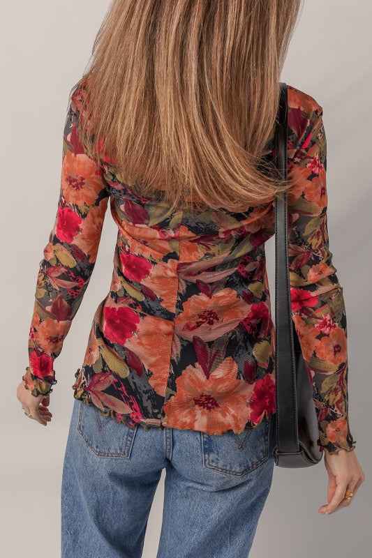 Floral Mesh Lettuce Trim Long Sleeve Top