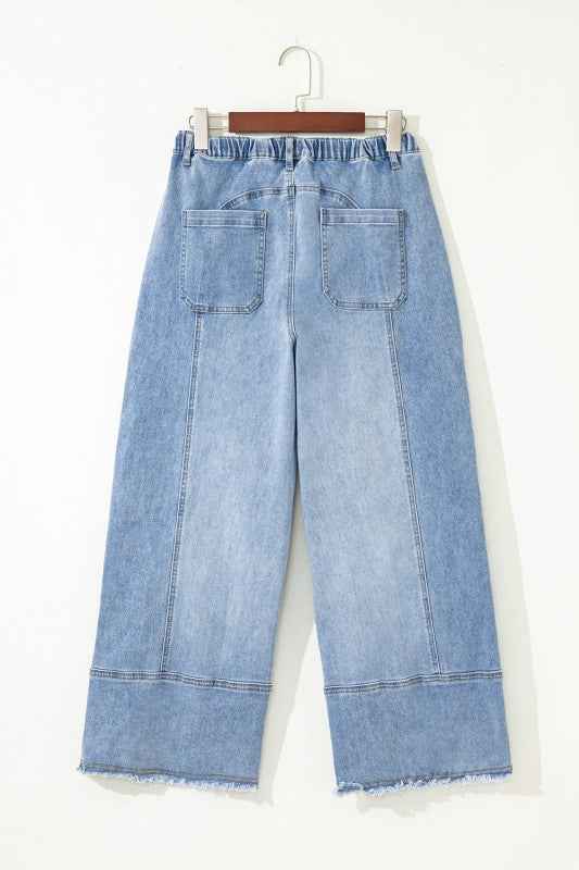 Denim Raw Hem Drawstring Wide Leg Pants