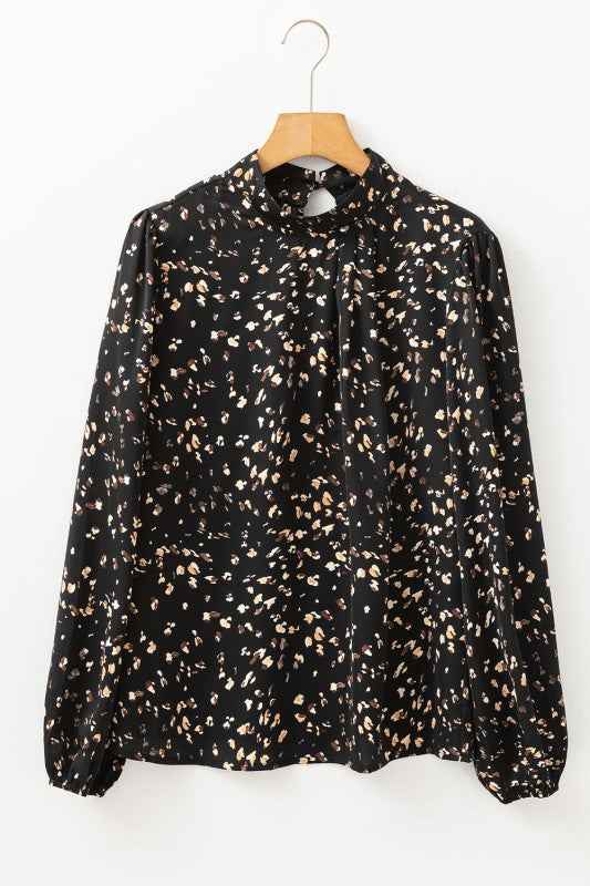 Leopard Lantern Sleeve Pleated Blouse