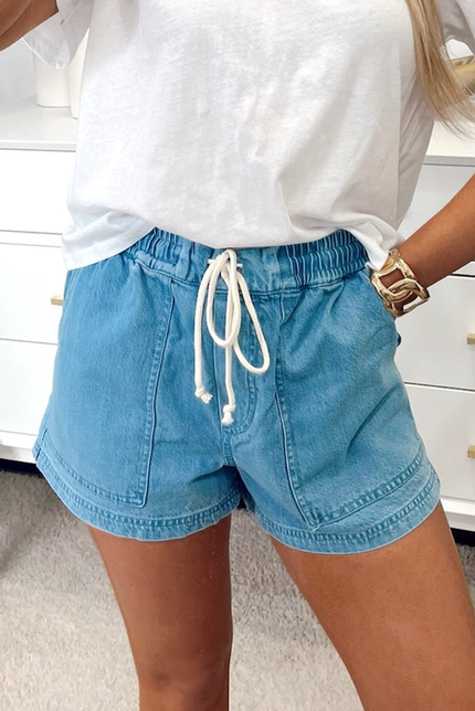 Beau Blue Contrast Drawstring Elastic Waist Denim Shorts - Pikemla