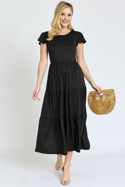 Solid Flutter Sleeve Tiered Tea Length Dress -Plus Sized - Pikemla