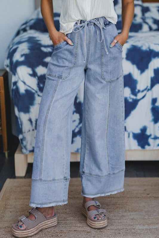 Denim Raw Hem Drawstring Wide Leg Pants