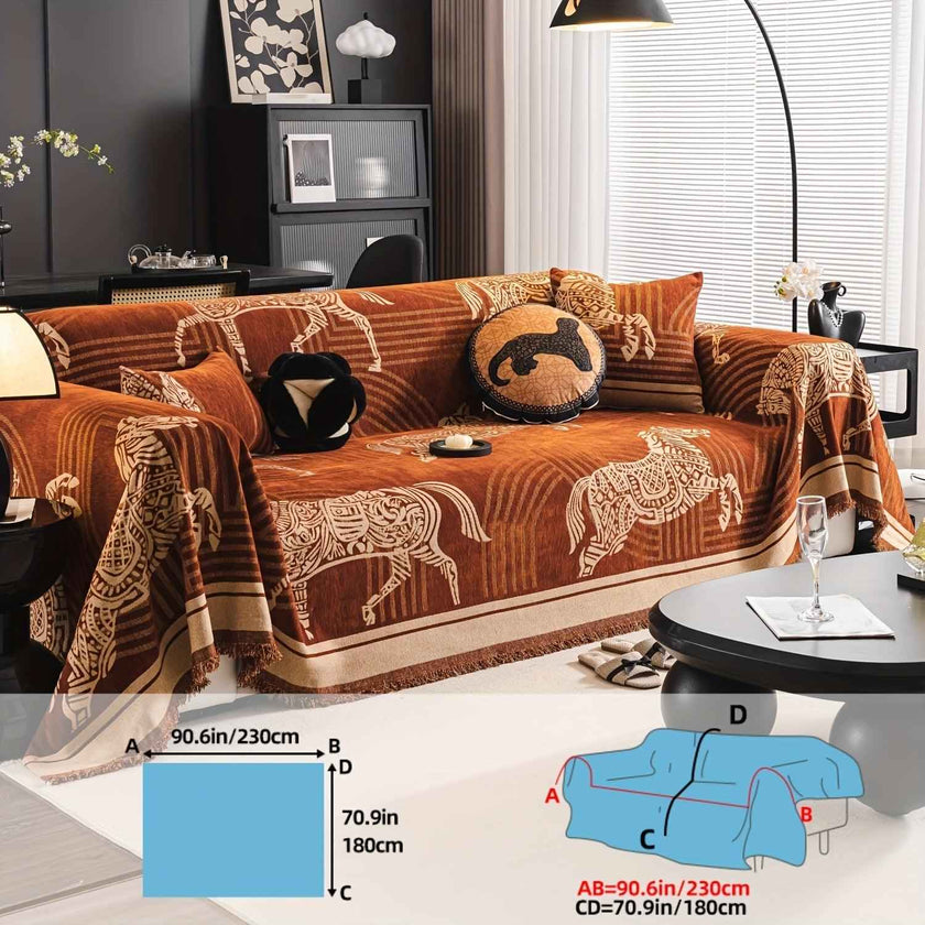 Luxurious Chenille Horse Design Sofa Cover Decor in Orange & Green