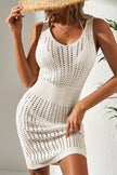 White Eyelet Crochet Sleeveless V Neck Beach Dress - Pikemla