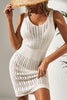 White Eyelet Crochet Sleeveless V Neck Beach Dress - Pikemla