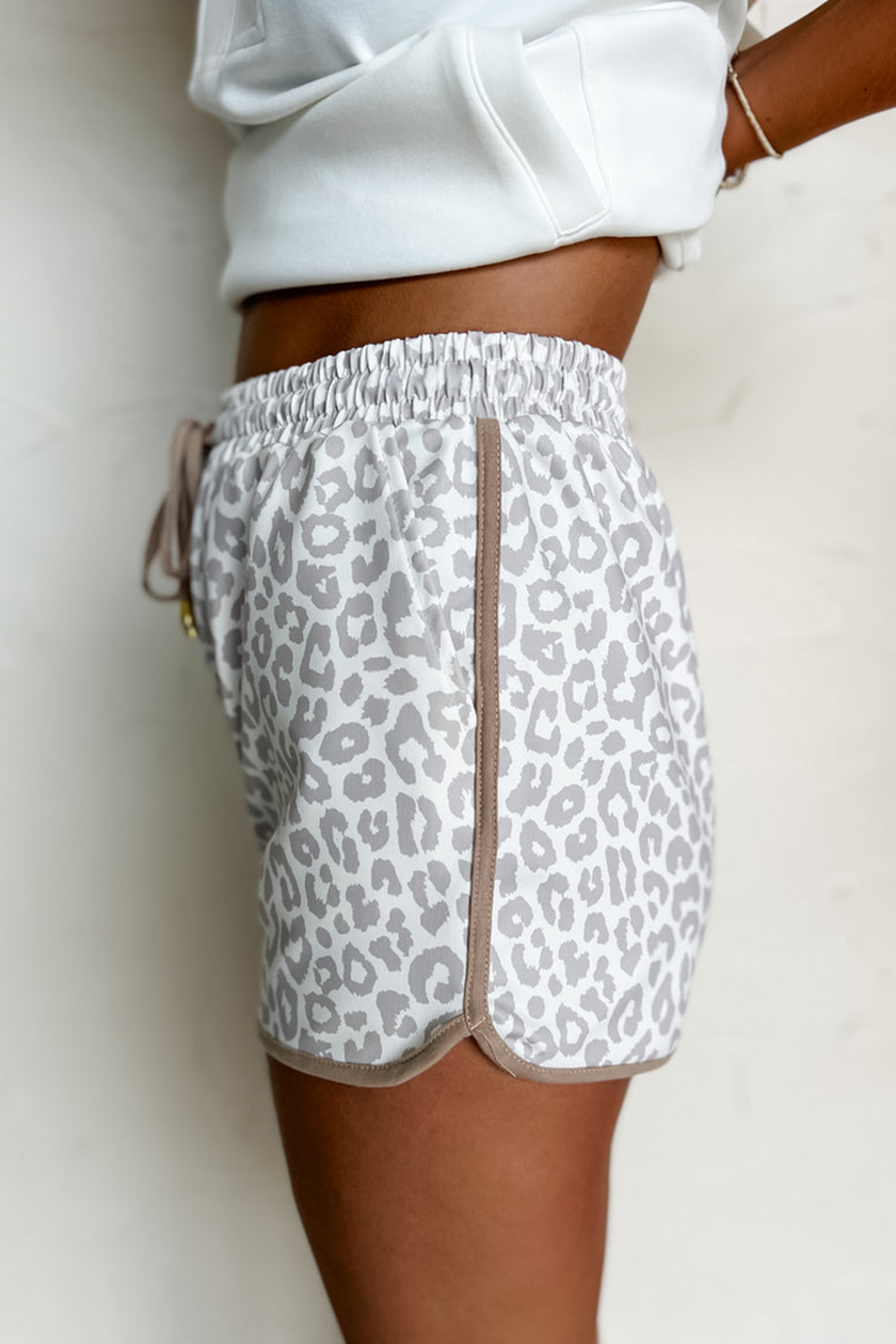 White Leopard Elastic Waist Lace up Contrast Trim Casual Shorts - Pikemla