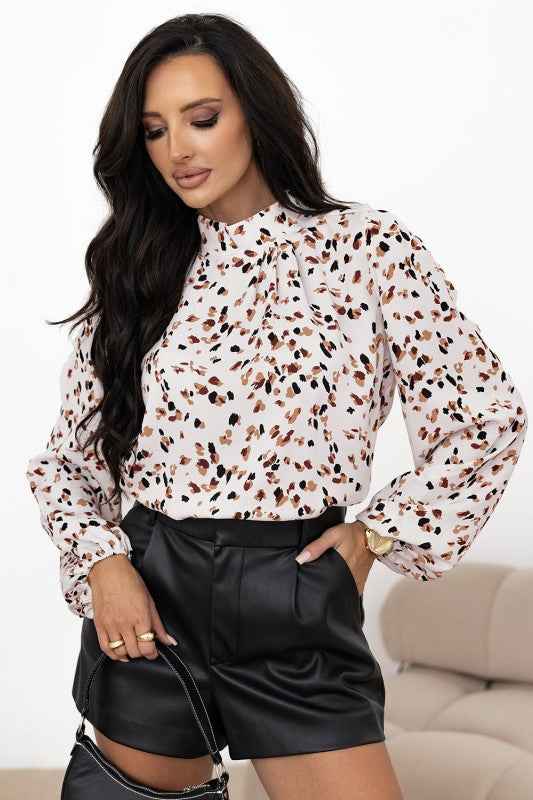 Leopard Lantern Sleeve Pleated Blouse
