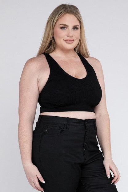 Ribbed Cropped Racerback Tank Top -Plus Sized - Pikemla