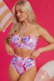 Pink Floral Printed Halter Neck High Waist Bikini - Pikemla