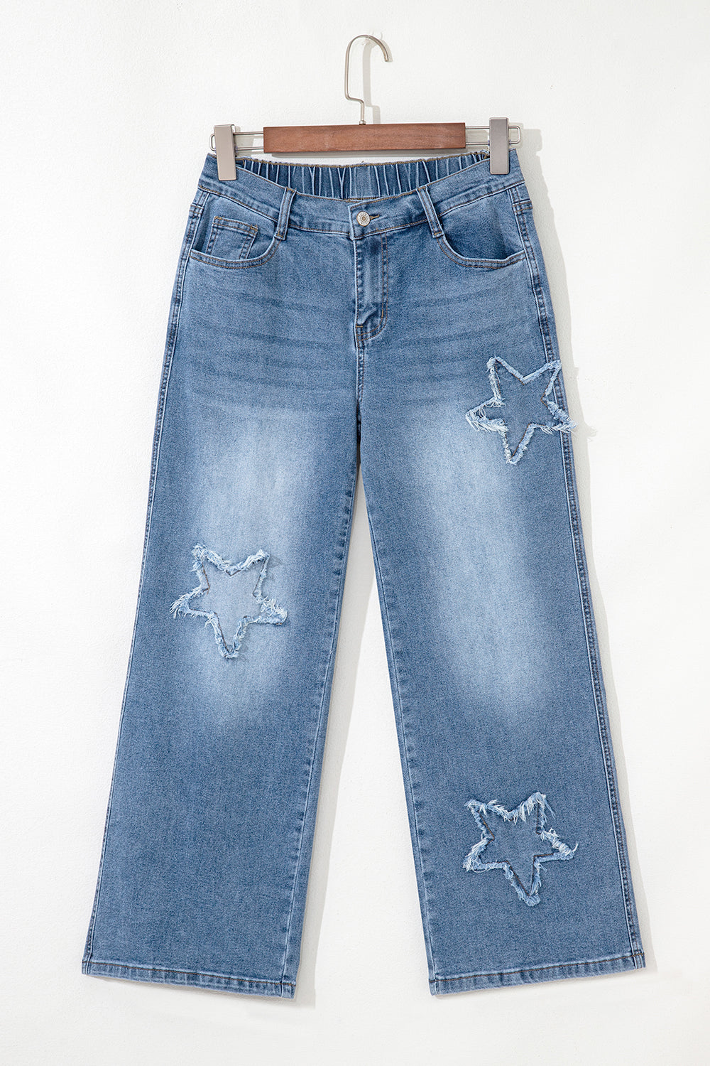 Stone Blue Star Patchwork Cropped Wide Leg High Waist Jeans - Pikemla