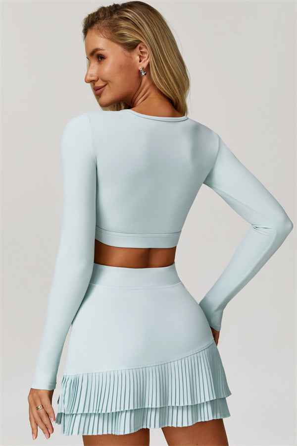 The Lavish Long Sleeve Cut-out Crop Top Tennis Skirt 2-Piece Set