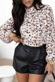 Leopard Lantern Sleeve Pleated Blouse