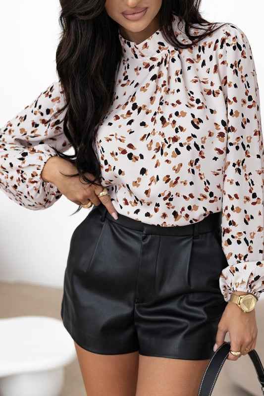 Leopard Lantern Sleeve Pleated Blouse