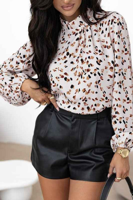 Leopard Lantern Sleeve Pleated Blouse