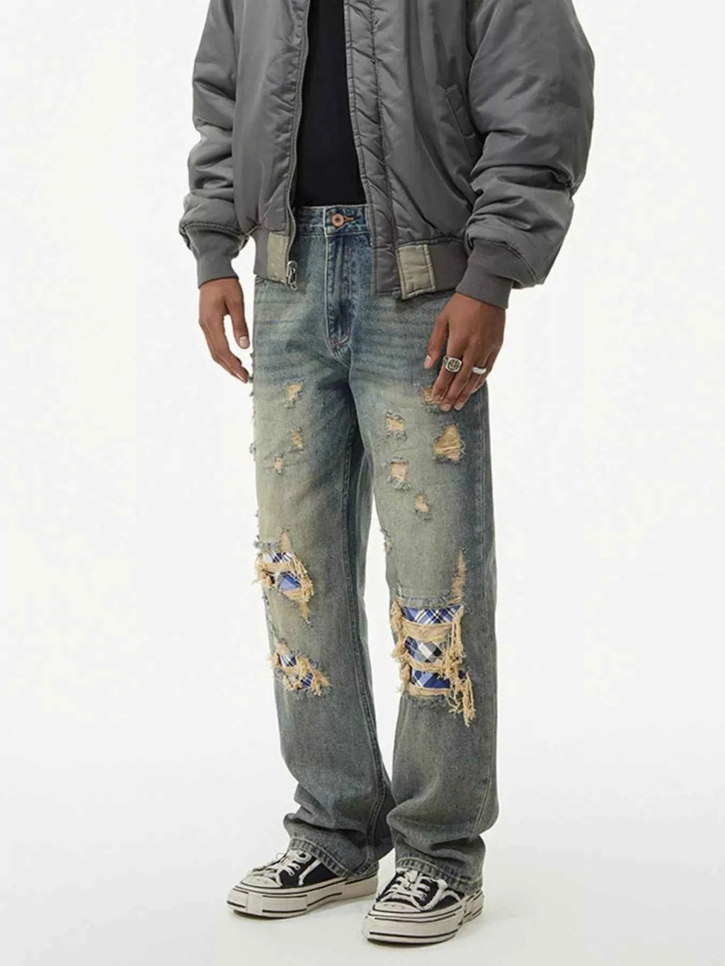Men's Distressed Plaid Patch Wide Leg Jeans