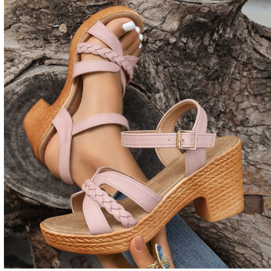 Foreign Trade Round Head Chunky Heel Ankle-strap Buckle Sandals