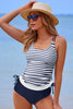 Blue Stripe Drawstring Tummy Control Mix-and-match 2pcs Tankini Swimsuit - Pikemla
