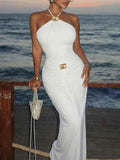 Backless Ruched Halter Neck Maxi Dress