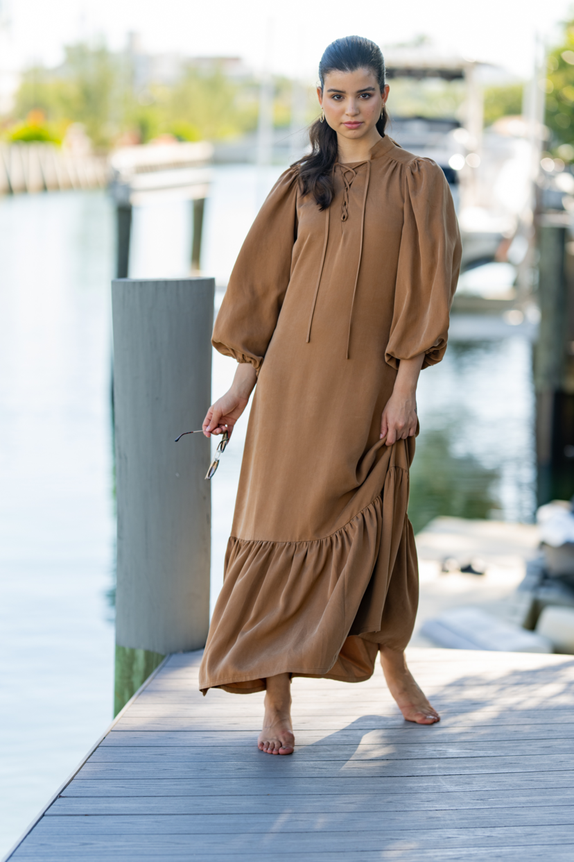 Cognac Shoelace Tie Maxi Dress