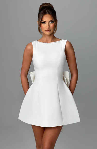 Fashion Big-Bowed Pearls Backless Dress Summer Slim Sleeveless A-line Dresses For Party Evening Women's Clothing