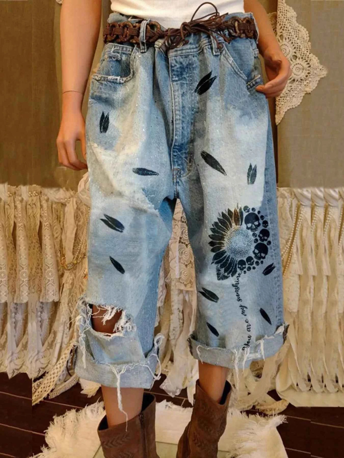 Full Size Distressed Skull Print Jeans Plus Size